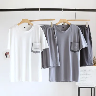 Men Pajamas Summer Cotton Short Sleeve Shorts Set Home Lounge Wear