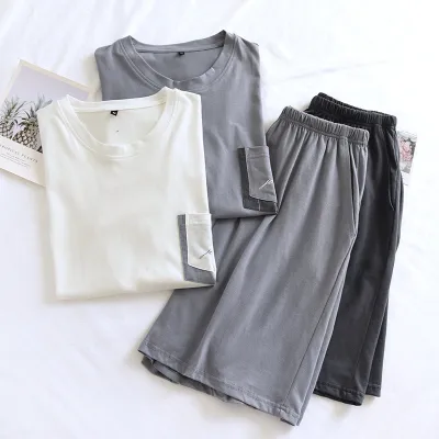 Men Pajamas Summer Cotton Short Sleeve Shorts Set Home Lounge Wear