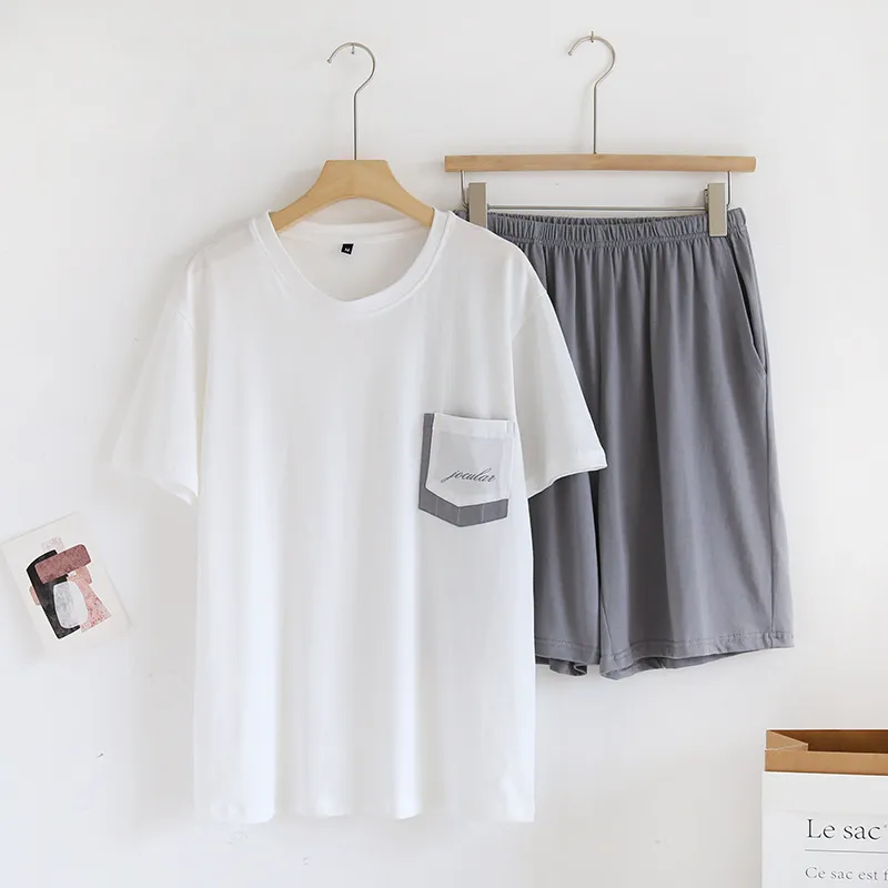 Men Pajamas Summer Cotton Short Sleeve Shorts Set Home Lounge Wear