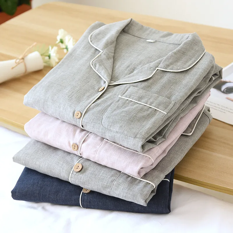 Men Cotton Pajamas Suit Long Sleeve Lapel Collar Simple Home Clothes