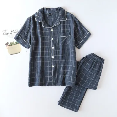 Men Pajamas Spring Autumn Short-Sleeved Home Wear Cotton Set