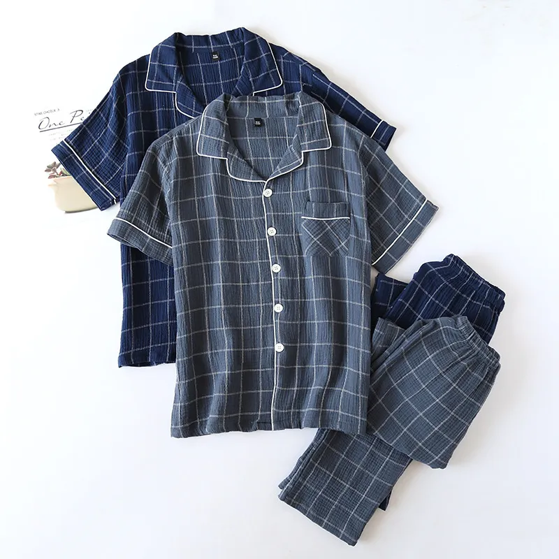 Men Pajamas Spring Autumn Short-Sleeved Home Wear Cotton Set