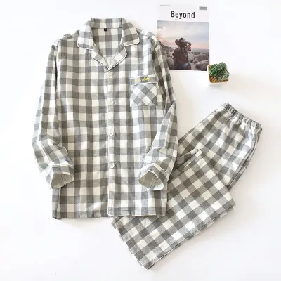 Plaid Lapel Home Clothes Double Gauze Couple Pajamas Cotton Summer Long Sleeve Pants Set