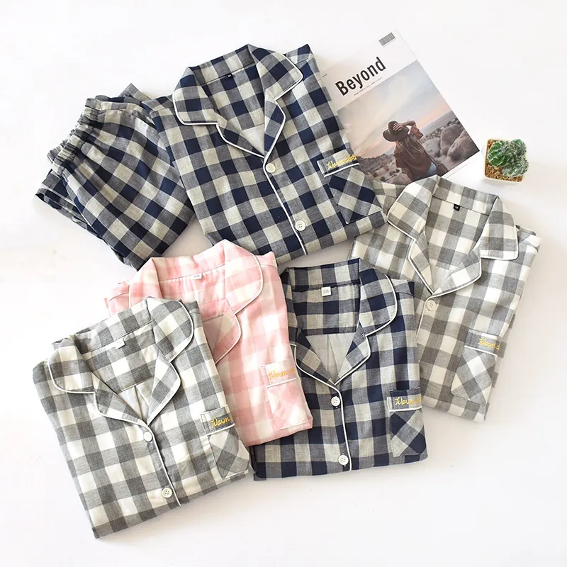Plaid Lapel Home Clothes Double Gauze Couple Pajamas Cotton Summer Long Sleeve Pants Set