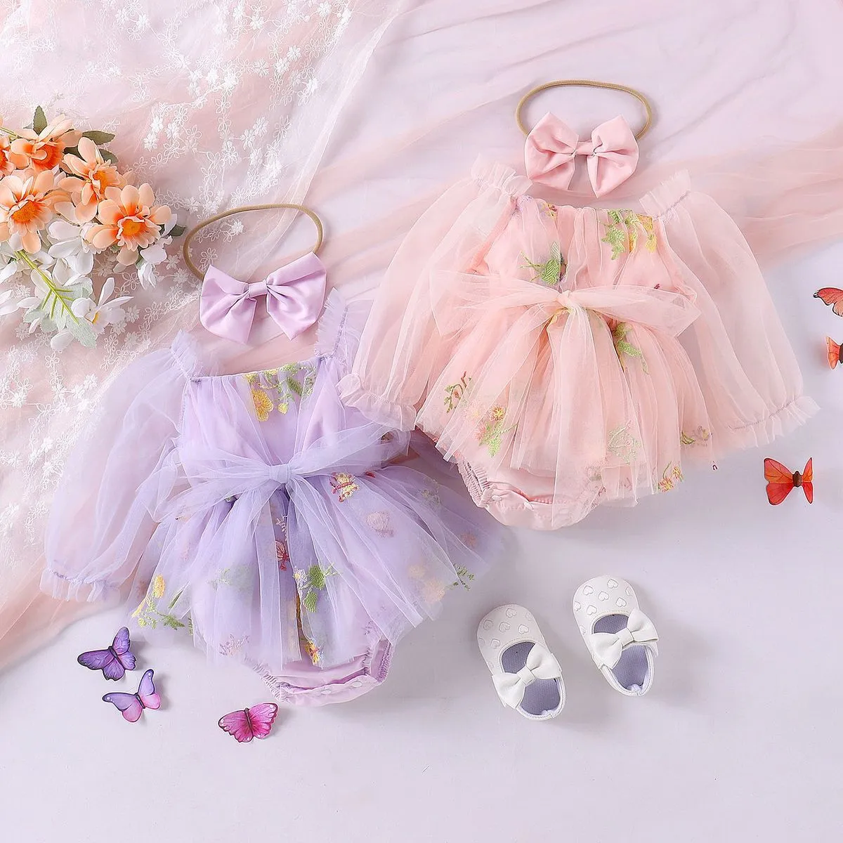Kids Baby Girls Cute Bow Mesh Long Sleeve Pullover Romper Triangle Climb