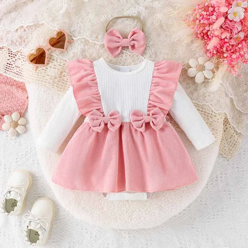 Kids Baby Girls Cute Bow Long Sleeve Corduroy Pullover Romper