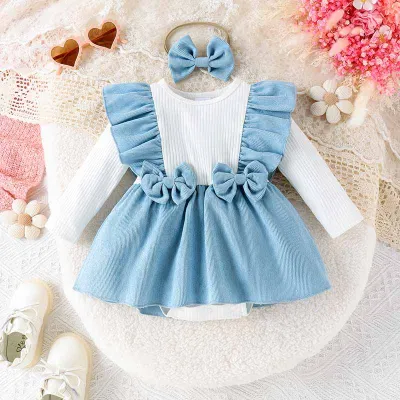 Kids Baby Girls Cute Bow Long Sleeve Corduroy Pullover Romper