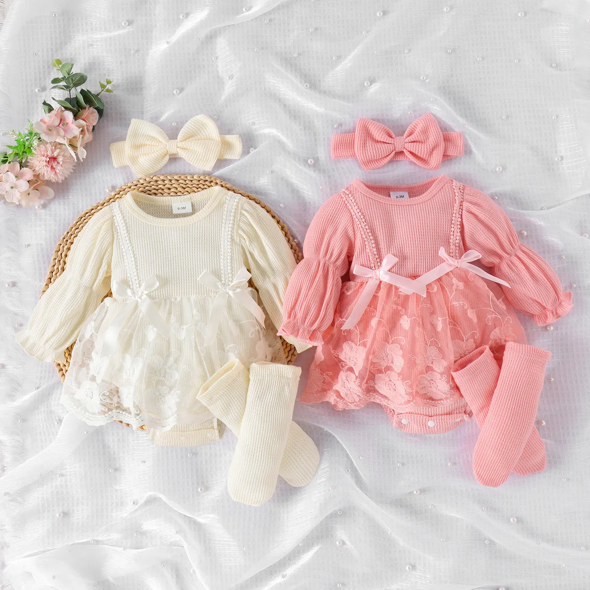 Kids Baby Girls Cute Bow Mesh Long Sleeve Romper Triangle Climb Pullover