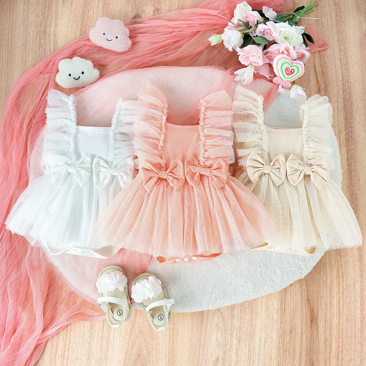 Kids Baby Girls Bow Solid Color Mesh Sleeveless Cotton Romper