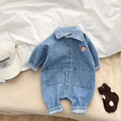 Baby Girls Boys Bear Embroidery Denim Rompers