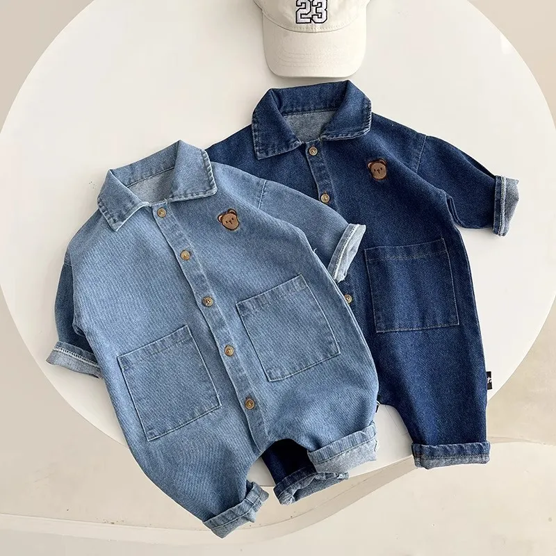 Baby Girls Boys Bear Embroidery Denim Rompers