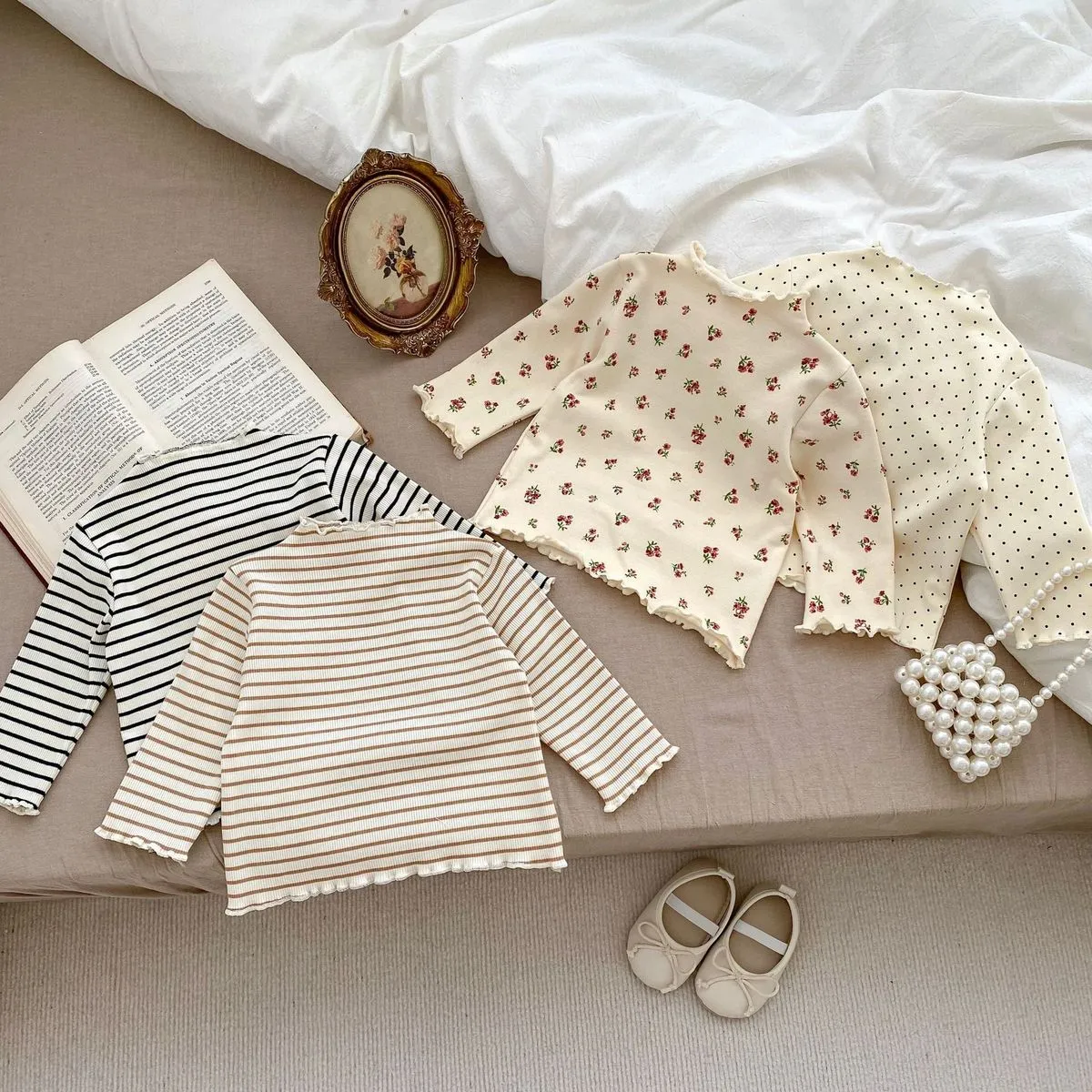 Kids Baby Girls Tiny Flower Stripe Polka Dot Long Sleeve Cotton Top