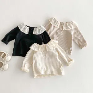 Kids Baby Girls Stripe Long Sleeve Ruffled Cotton Lapel Top
