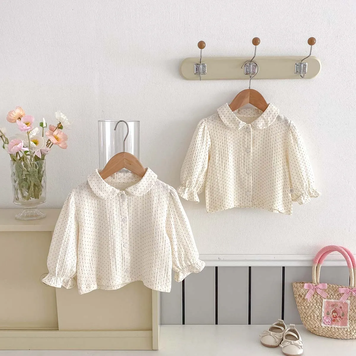 Kids Baby Girls Polka Dot Long Sleeve Lapel Blouses 100% Cotton Shirts