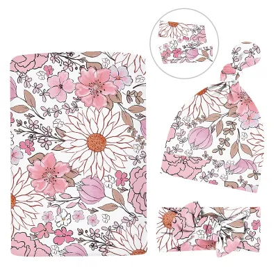 Baby Watercolor Plaid Swaddle Headband Cap Three-Piece Set