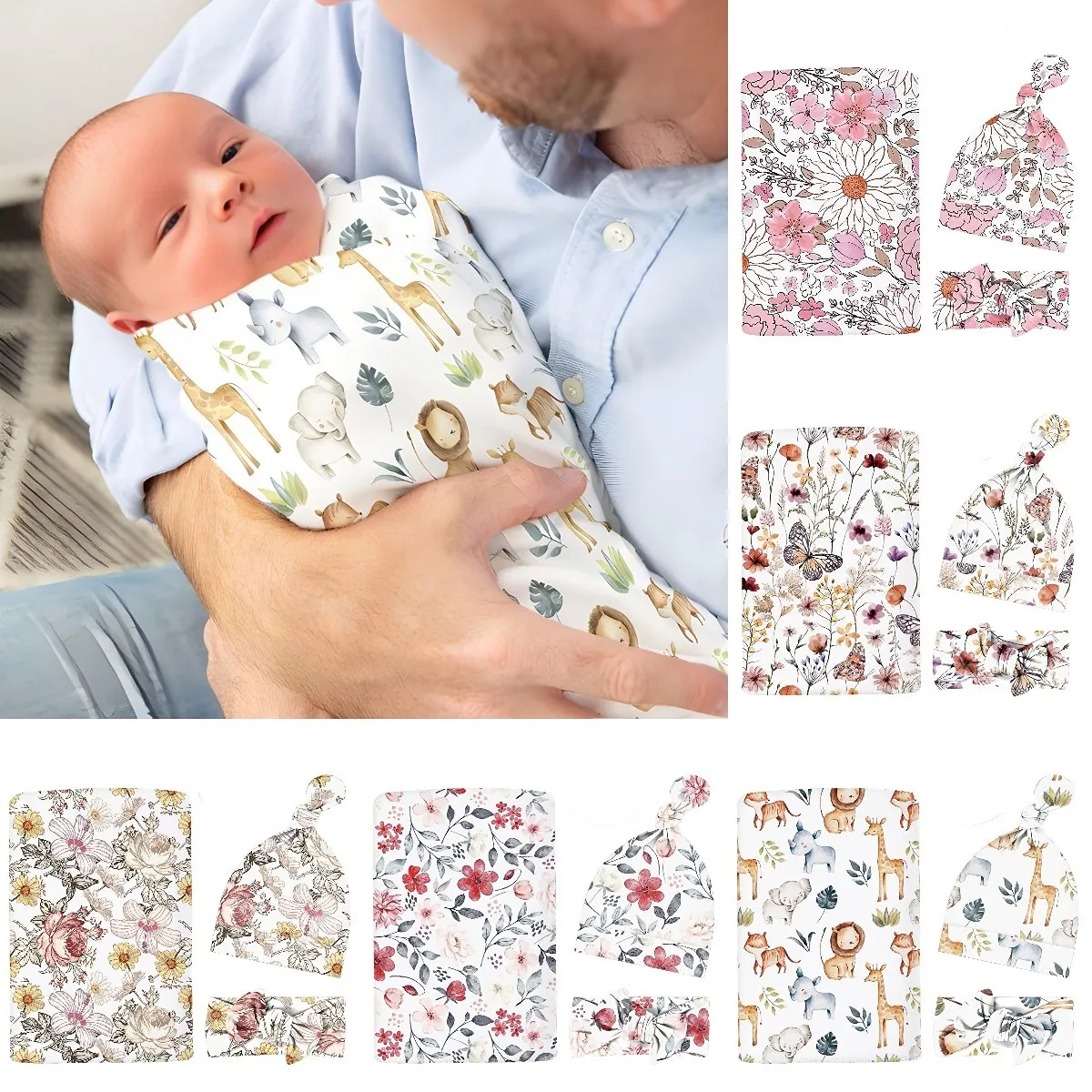 Baby Watercolor Plaid Swaddle Headband Cap Three-Piece Set