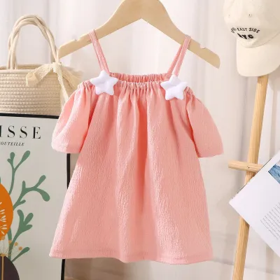 Toddler Girl Short-Sleeved Summer Off-Shoulder Blouse Solid Crewneck Sling Style Polyester