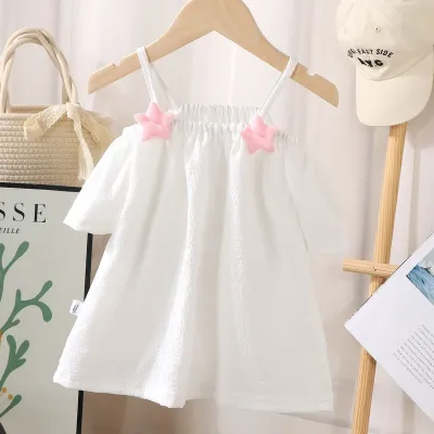 Toddler Girl Short-Sleeved Summer Off-Shoulder Blouse Solid Crewneck Sling Style Polyester