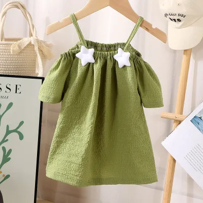 Toddler Girl Short-Sleeved Summer Off-Shoulder Blouse Solid Crewneck Sling Style Polyester