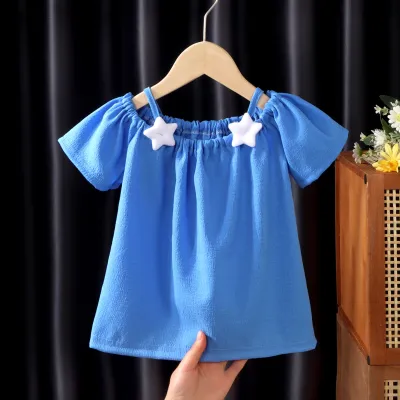 Toddler Girl Short-Sleeved Summer Off-Shoulder Blouse Solid Crewneck Sling Style Polyester