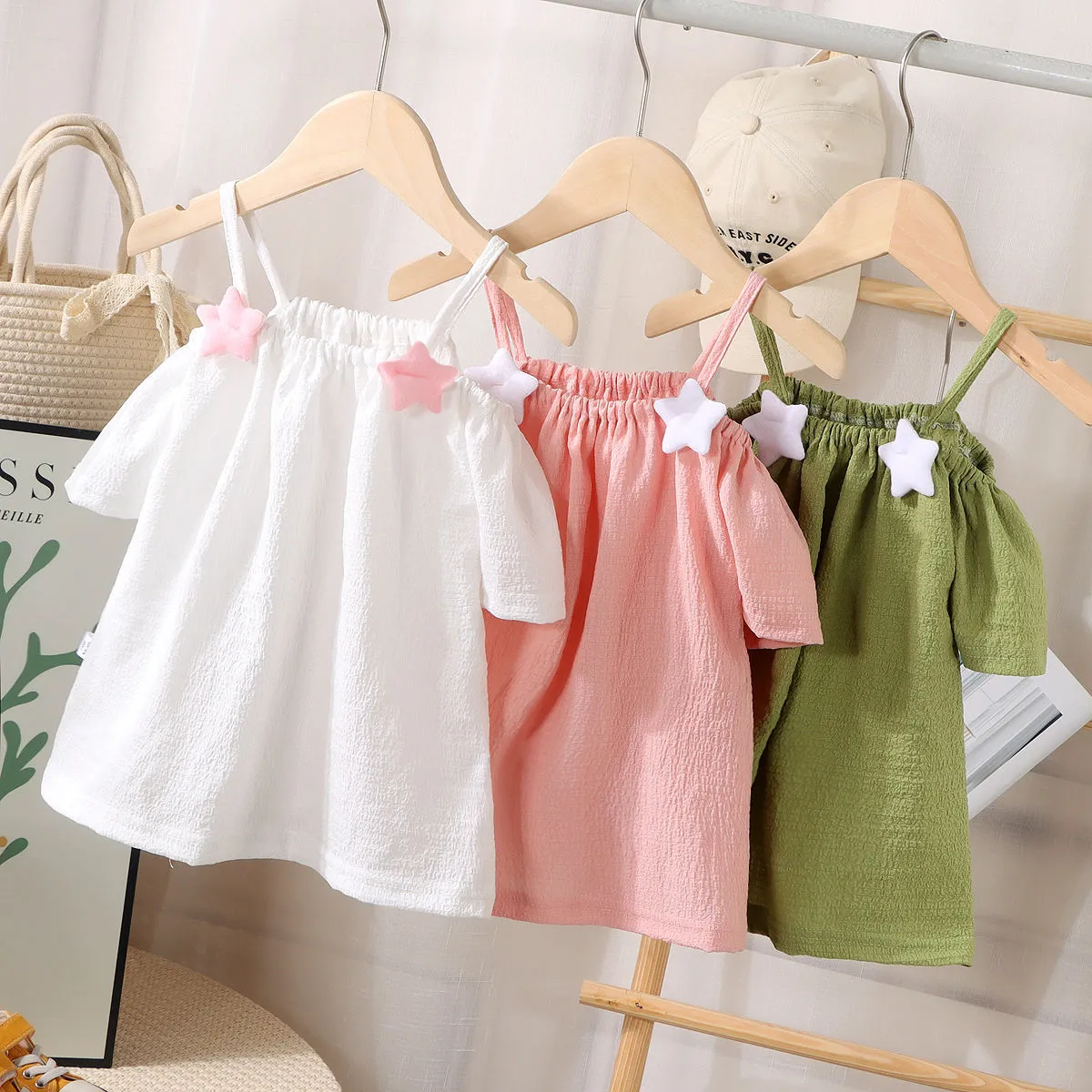 Toddler Girl Short-Sleeved Summer Off-Shoulder Blouse Solid Crewneck Sling Style Polyester