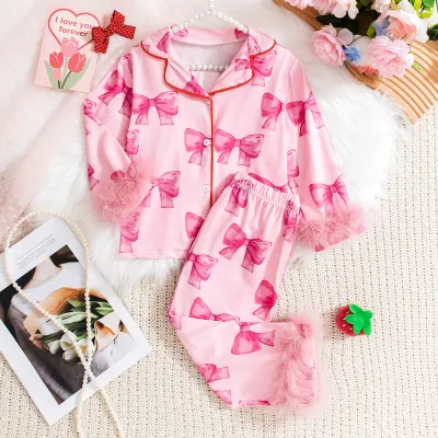 Toddler Girl Lapel Bow Print Long Sleeve Feather Fashion Comfortable Pajamas