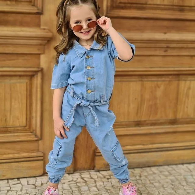 Kids Toddler Girls Short Sleeve Cargo Denim Jumpsuits One Button Lapel Waist Cotton