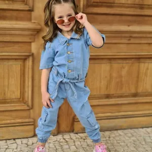 Kids Toddler Girls Short Sleeve Cargo Denim Jumpsuits One Button Lapel Waist Cotton