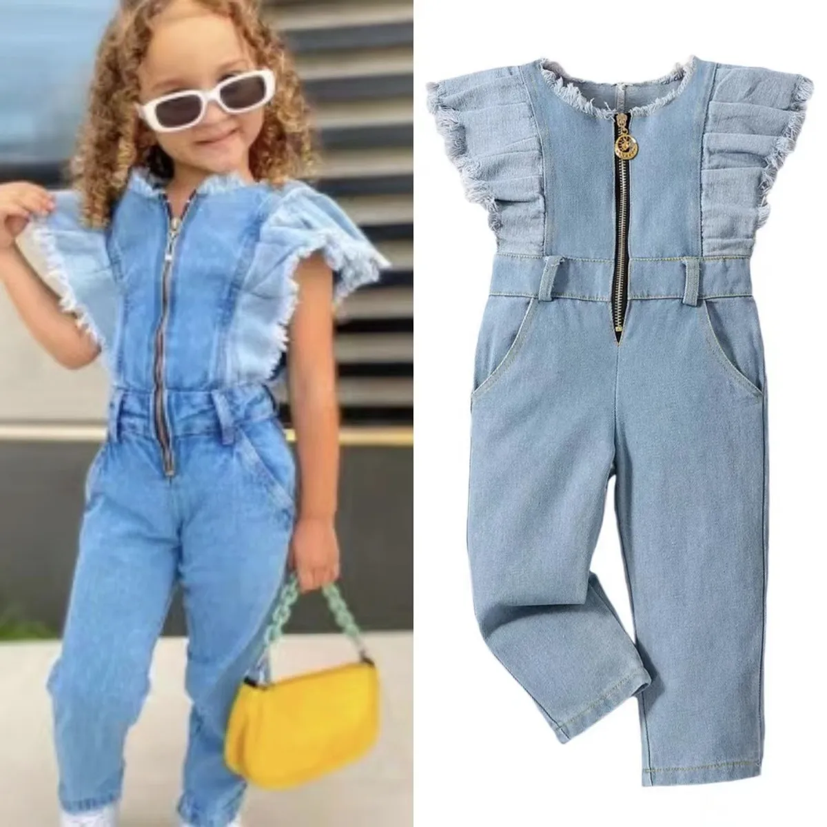 Kids Toddler Girl Ruffled Short Sleeve Denim Jumpsuit Cotton Romper
