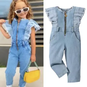 Kids Toddler Girl Ruffled Short Sleeve Denim Jumpsuit Cotton Romper
