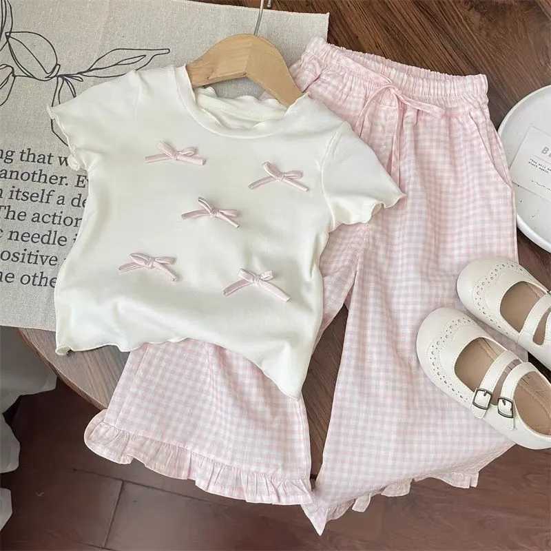Toddler Girl Sweet Princess Bow Short-Sleeved T-Shirt Plaid Flare Wide-Leg Pants Ruffled Two-Piece Set