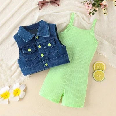 Kids Toddler Girls Casual Cute Denim Sleeveless Vest Rompers Sets Shorts