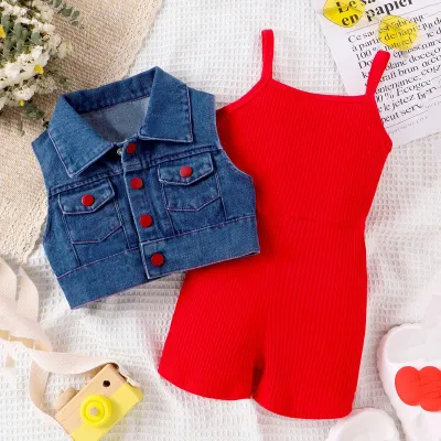 Kids Toddler Girls Casual Cute Denim Sleeveless Vest Rompers Sets Shorts