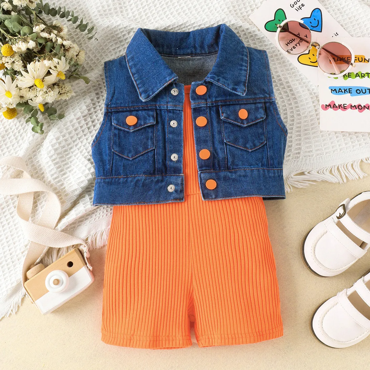 Kids Toddler Girls Casual Cute Denim Sleeveless Vest Rompers Sets Shorts