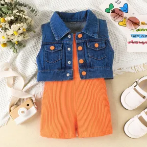 Kids Toddler Girls Casual Cute Denim Sleeveless Vest Rompers Sets Shorts