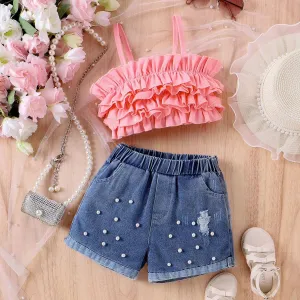 Kids Toddler Girls Casual Cute Camisole Denim Shorts Sets