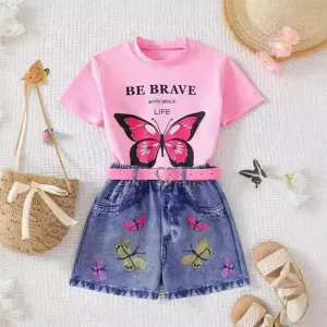 Toddler Girl Butterfly Print T-Shirt and Imitation Denim Shorts Set - Short Sleeve, Two-Piece Casual Outfit