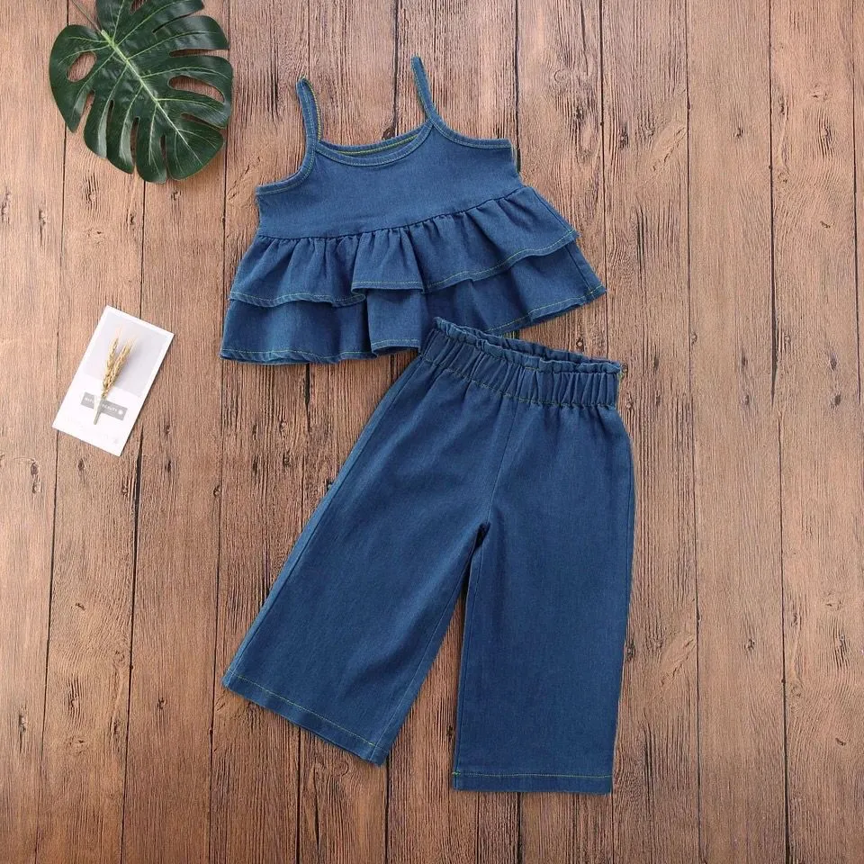 Summer Toddler Girls Denim Camis Wide Leg Jeans Set 2-Piece Outfit