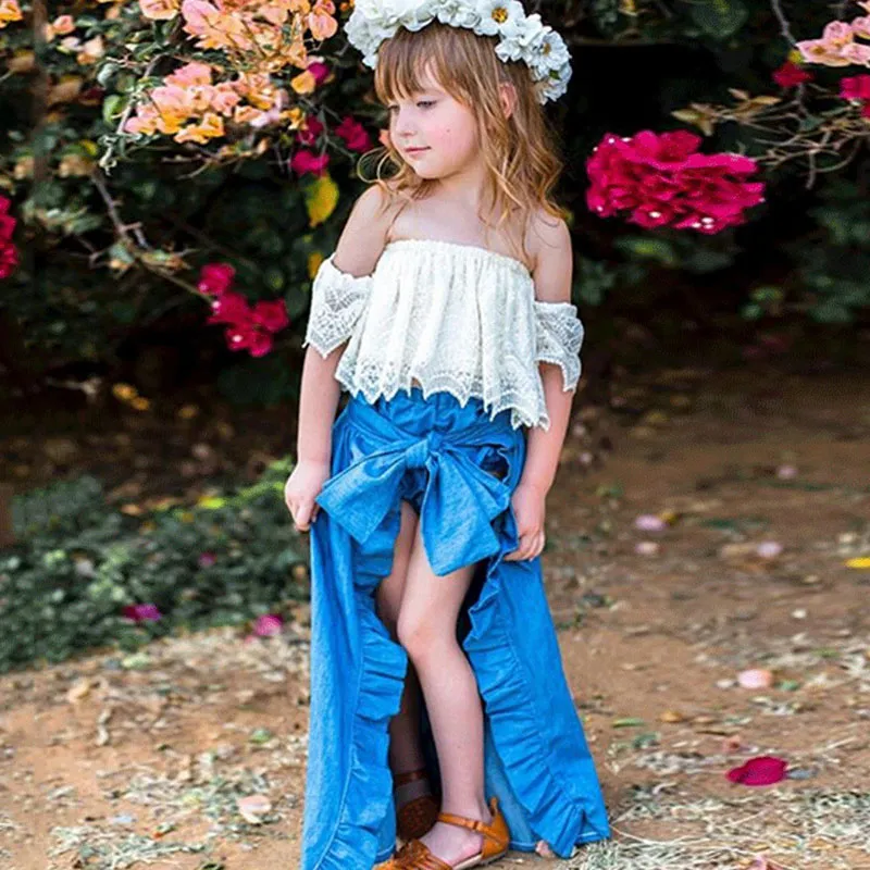 Kids Toddler Girl Lace Off-Shoulder Top Shorts Skirt Set Solid Color Cotton