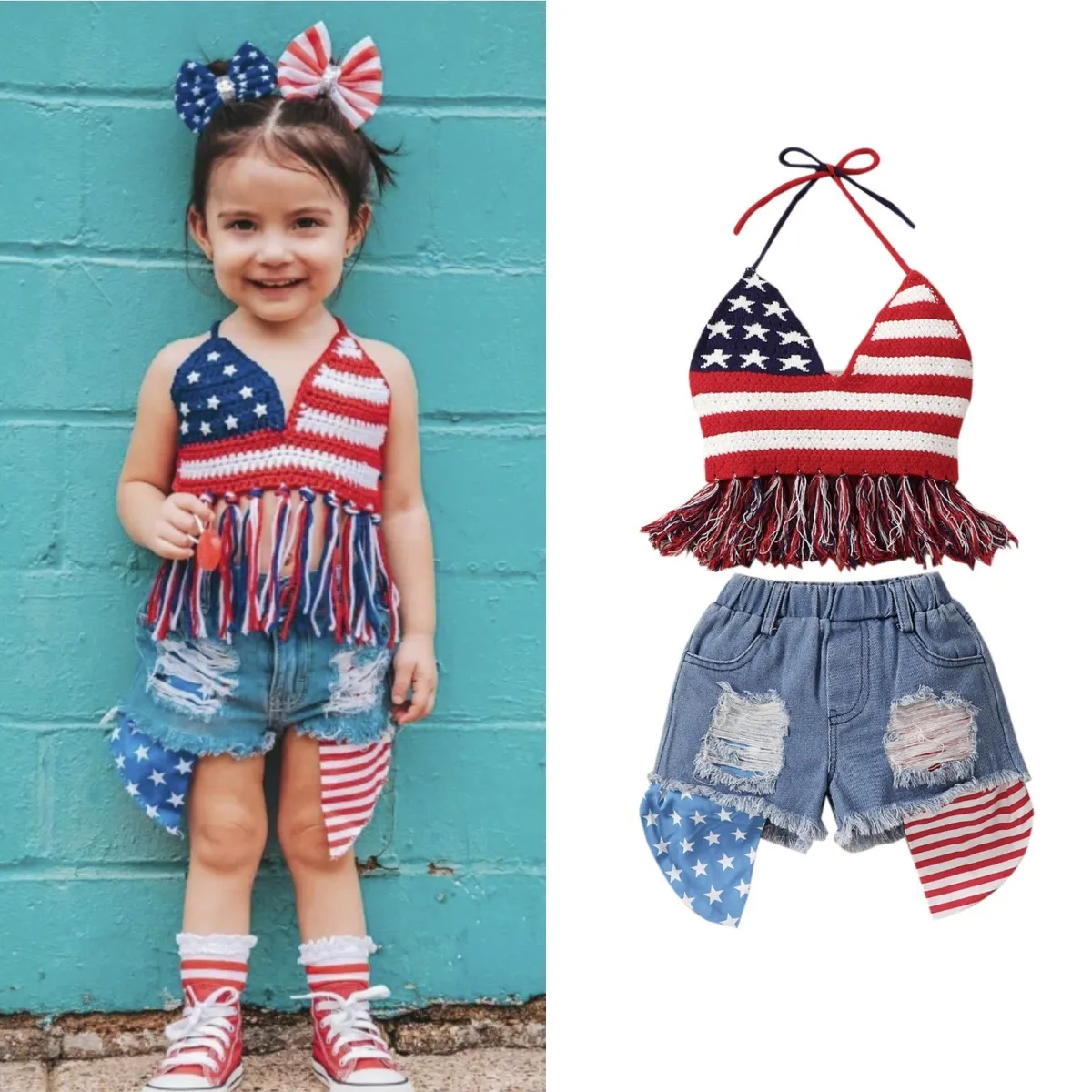 Kids Toddler Girl Independence Day Strap Tassel Camis Denim Shorts Halter Set