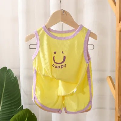 Summer Toddler Boys Girls Sleeveless Tank Top Shorts Thin Set, Simple Cartoon Crewneck Neutral Set