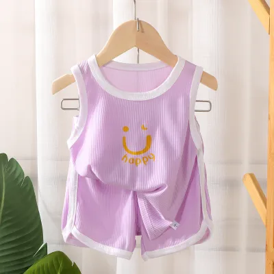 Summer Toddler Boys Girls Sleeveless Tank Top Shorts Thin Set, Simple Cartoon Crewneck Neutral Set