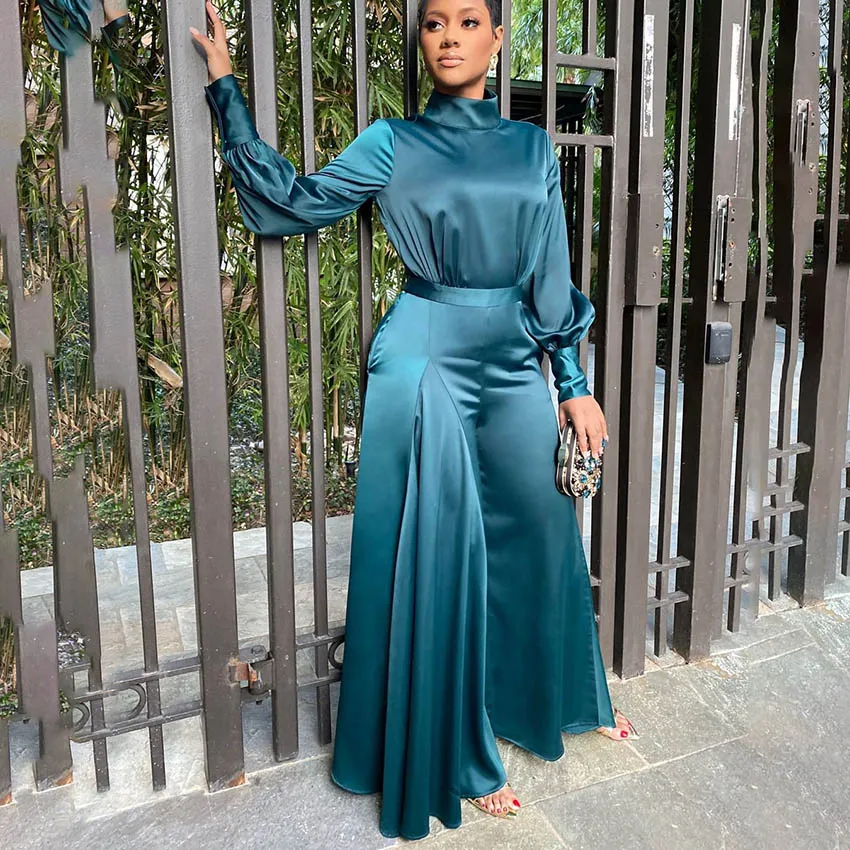 Women Plus Size Solid Color High Waist Satin Fabric Long Sleeve Wide Leg Jumpsuit