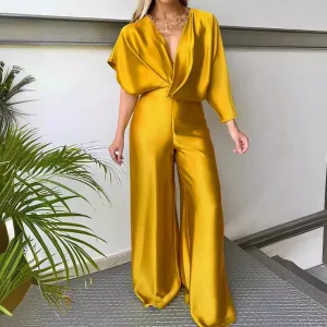 Women Plus Size V-Neck Satin Loose Wide-Leg Jumpsuits Commuter Wind