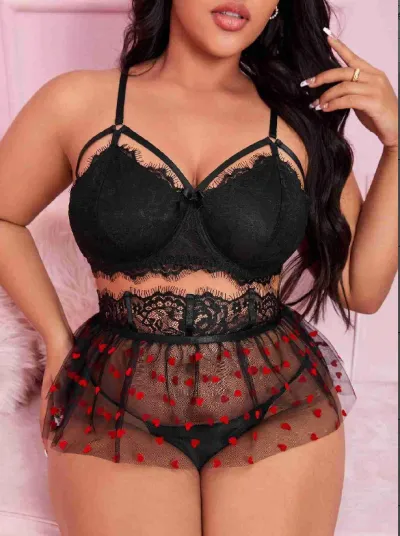 Women Fashion Sexy Plus Size Mesh Lace Lingerie Set