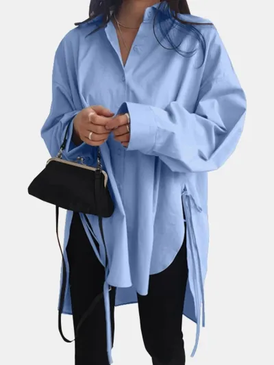 Plus Size Women Loose Front Lace-Up Lapel Blouse