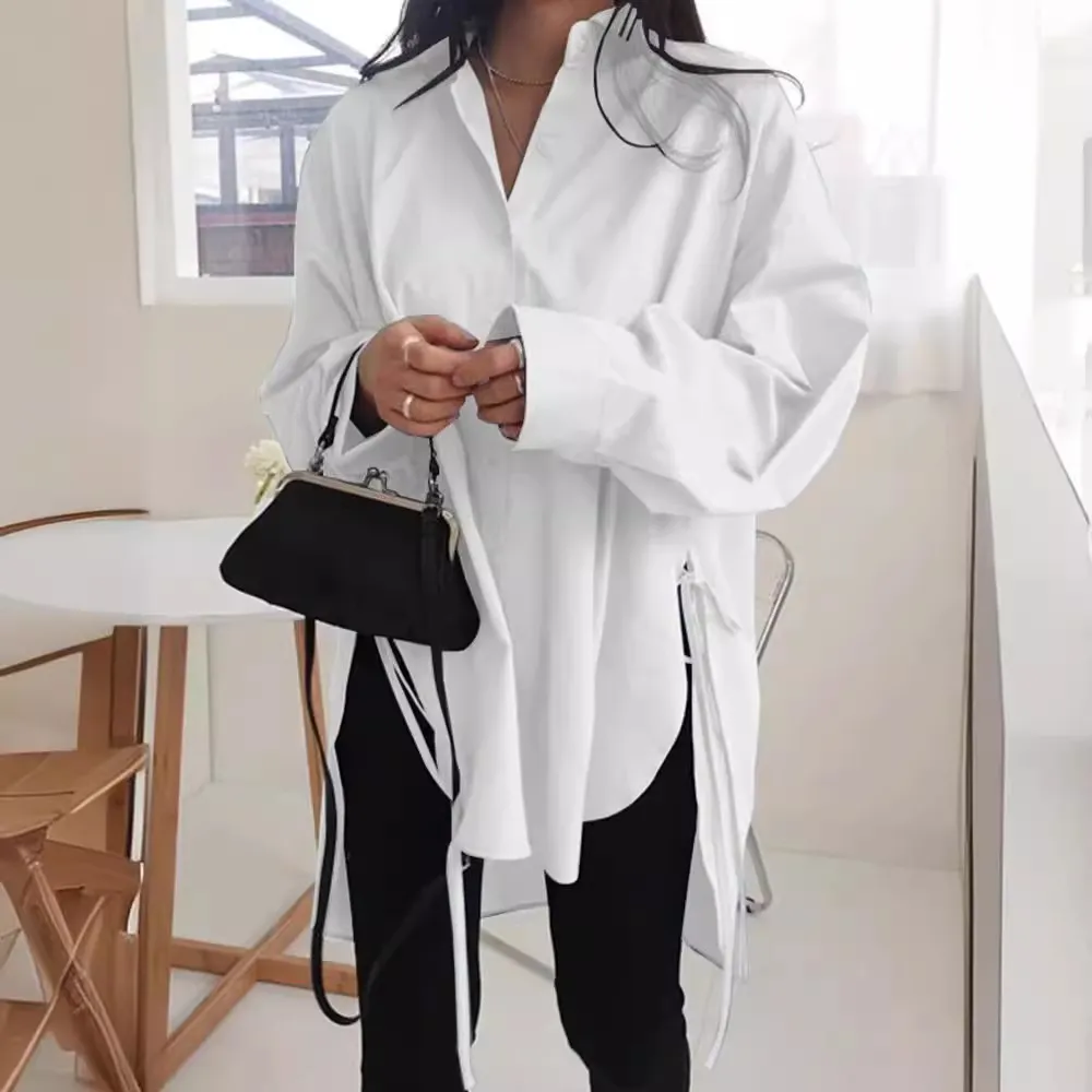 Plus Size Women Loose Front Lace-Up Lapel Blouse