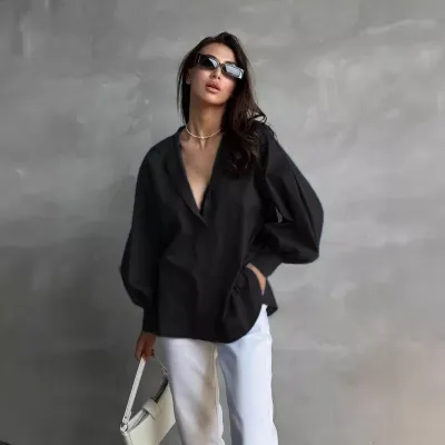 Women Casual Cotton Lantern Sleeve Blouse Top