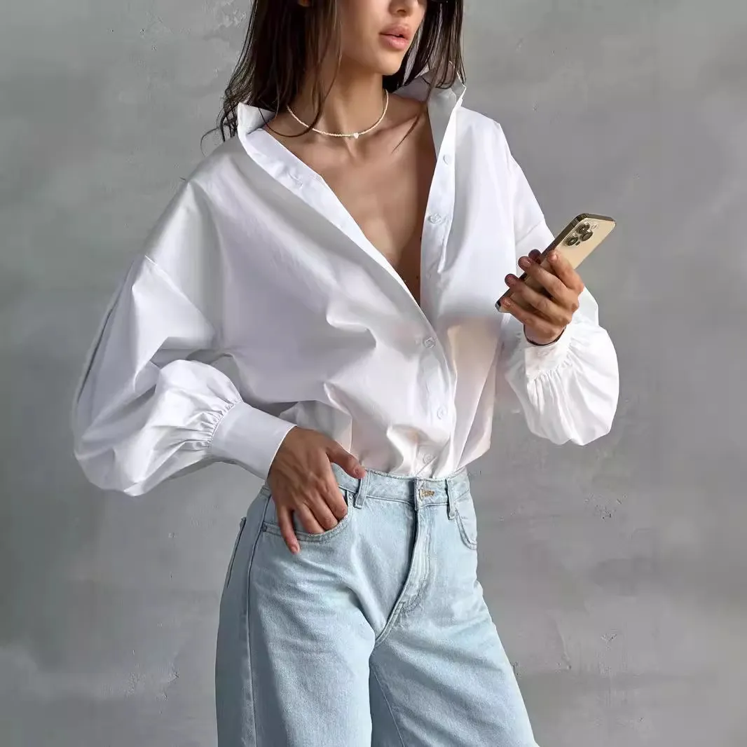 Women Casual Cotton Lantern Sleeve Blouse Top