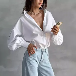 Women Casual Cotton Lantern Sleeve Blouse Top